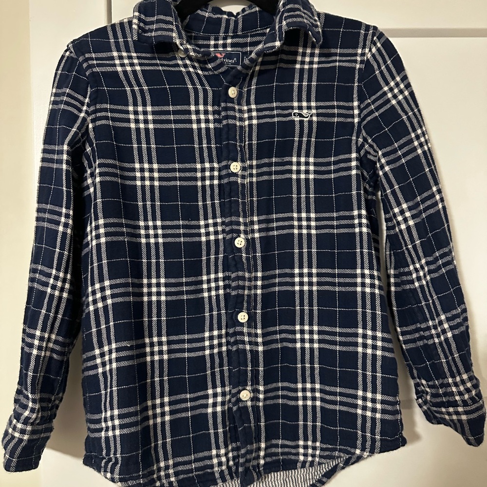 Boys Vineyard Vines Kids Navy and White Plaid Shirt.